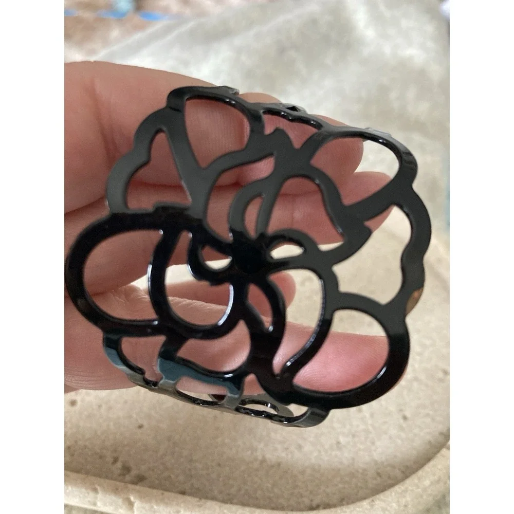 Black Openwork Flower Cuff Bracelet Glossy Floral Wide Statement Bangle Gothic
